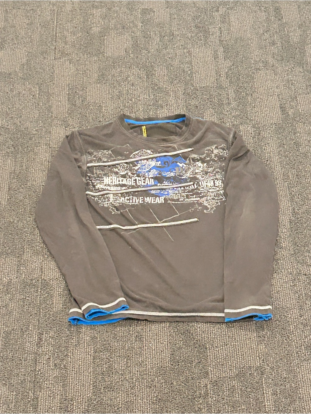 Grey Long Sleeve Graphic Tee with Blue Accents